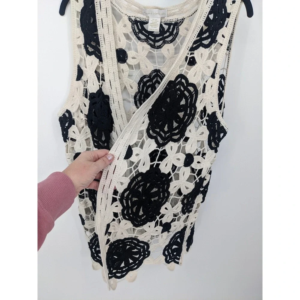 House of Harlow Crochet Vest Women One Size Black Cream Floral Sheer Hippie Boho